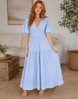 Women's Puff-Sleeve Maxi Dress – V-Neck High-Waist Swing Dress