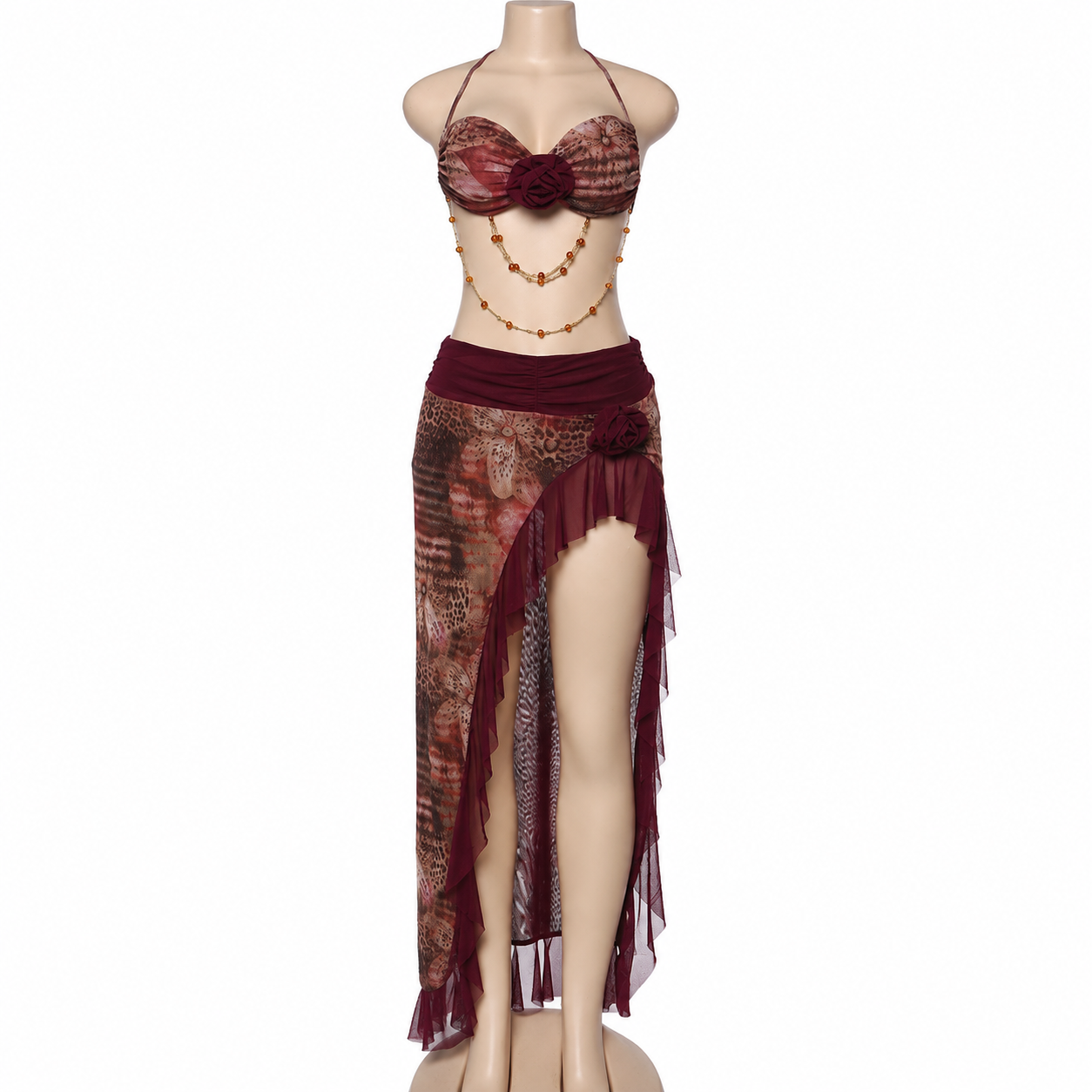 Bead Chain Halter Neck Long Dress – Women's Elegant Two-Piece Set