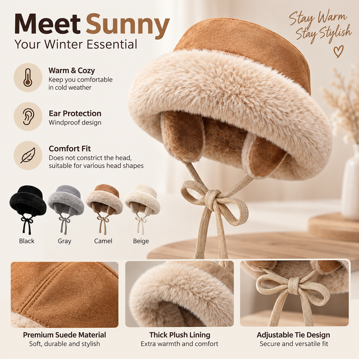Women's Suede Ear-Flap Fisherman Hat - Thickened Plush Lined Winter Bucket Hat