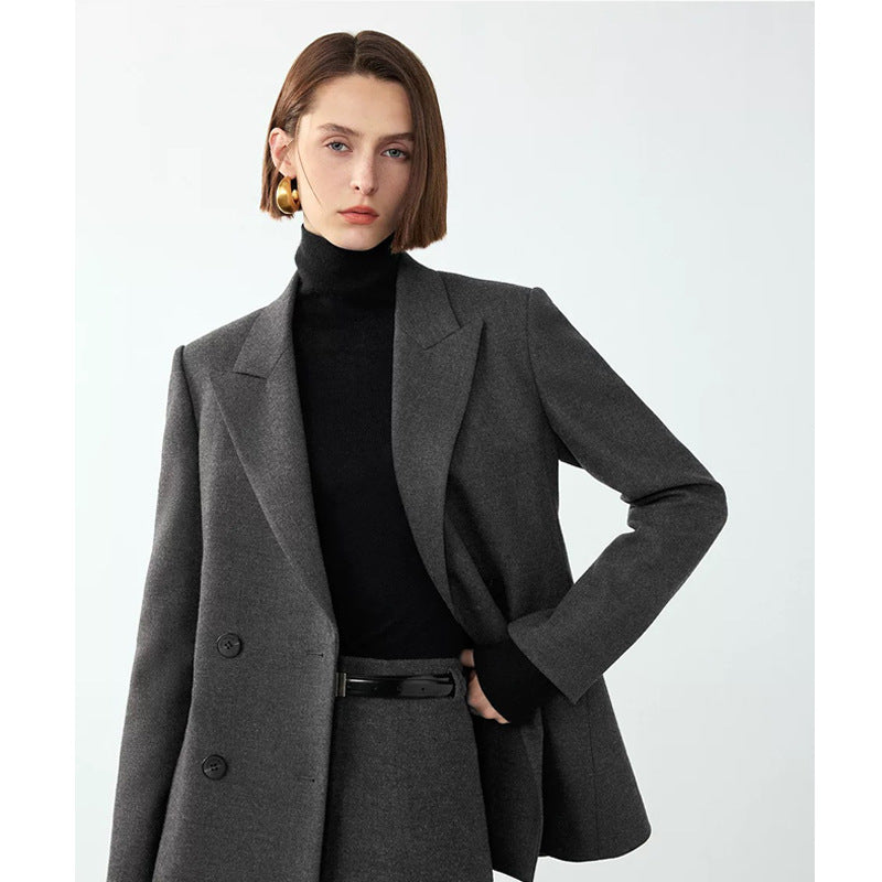Veste de costume croisée grise pour femme – Blazer de bureau style rétro, longueur moyenne