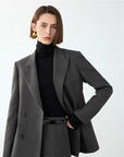 Veste de costume croisée grise pour femme – Blazer de bureau style rétro, longueur moyenne