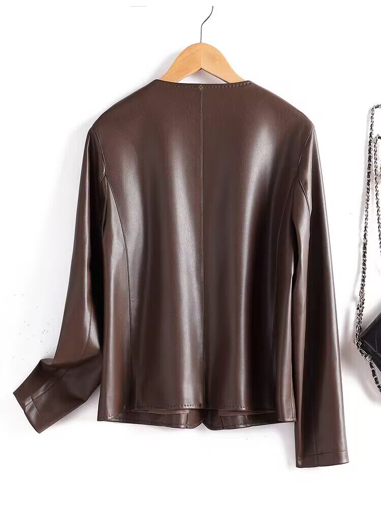 Damenjacke aus 100 % echtem Schaffleder – schmale Passform, kurzer Rundhalsmantel im koreanischen Stil