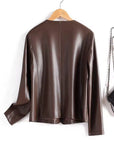 Damenjacke aus 100 % echtem Schaffleder – schmale Passform, kurzer Rundhalsmantel im koreanischen Stil