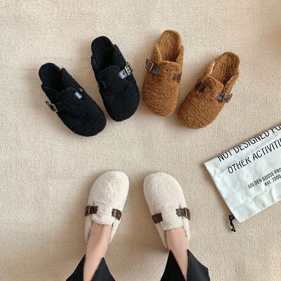 Women's Wool-Lined Genuine Leather Mule Slippers – Retro Thick-Sole Backless Slip-Ons
