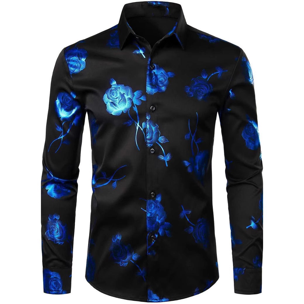 Herren 3D-Hemd mit Blumenmuster – Stretch-Slim-Fit Urban Hemd mit Revers