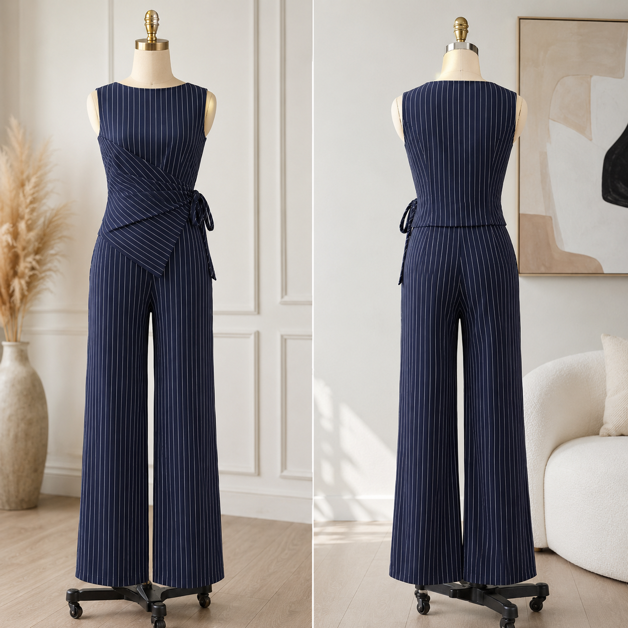 Women's Striped Sleeveless Asymmetrical Top &amp; Straight-Leg Pants Suit