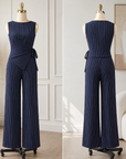 Women's Striped Sleeveless Asymmetrical Top & Straight-Leg Pants Suit
