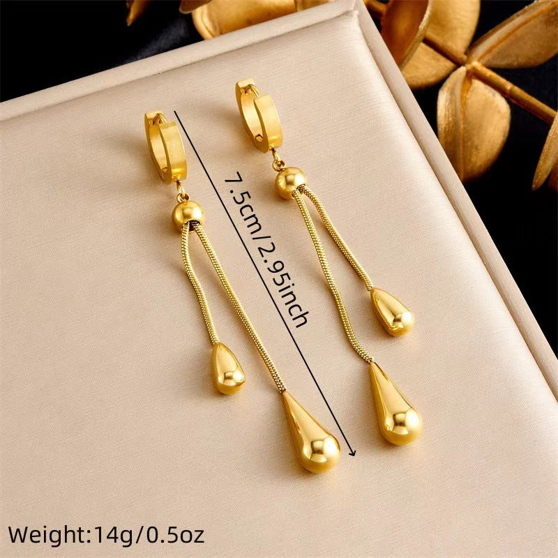 Women Gold-Plated Tassel Earrings and Necklace Set – Titanium Steel Water Drop Pendant Fashion Jewelry