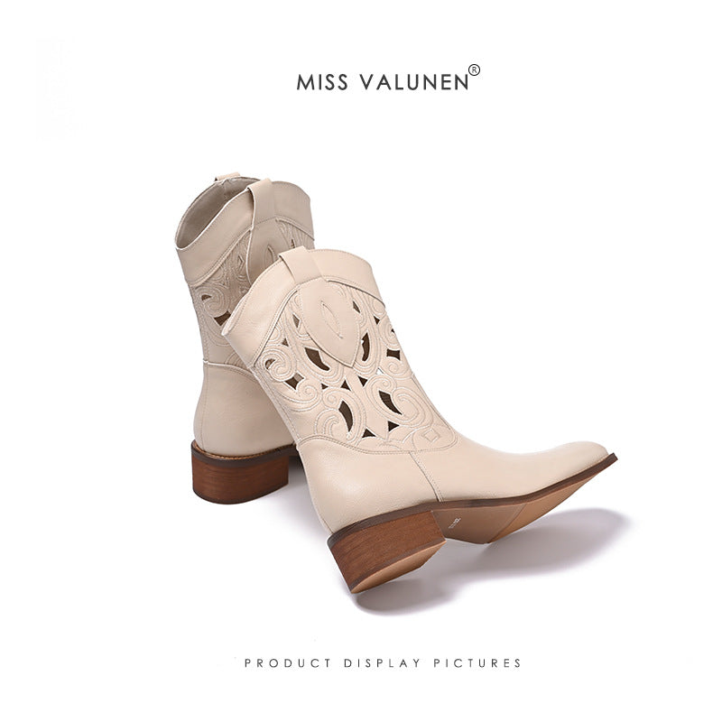 Cowboy-Stiefel für Damen mit Lochmuster – Western-Mid-Calf-Stiefel aus echtem Leder mit Stickerei, Blockabsatz und atmungsaktivem Cut-Out-Design