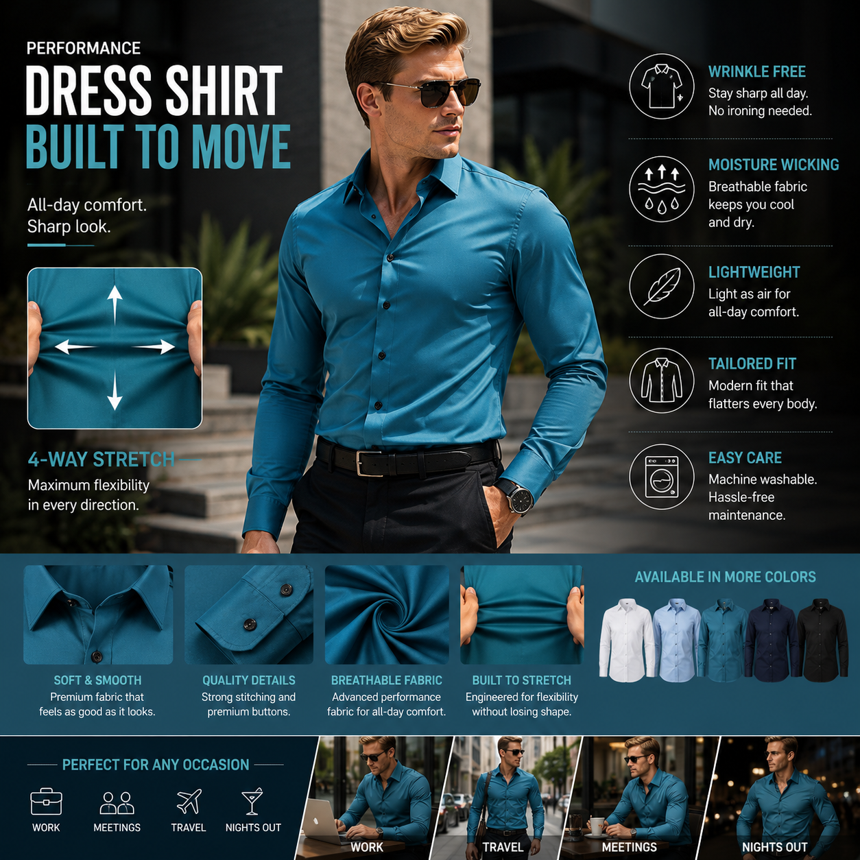 Men's Wrinkle-Free 4-Way Stretch Business Casual Long Sleeve Shirt