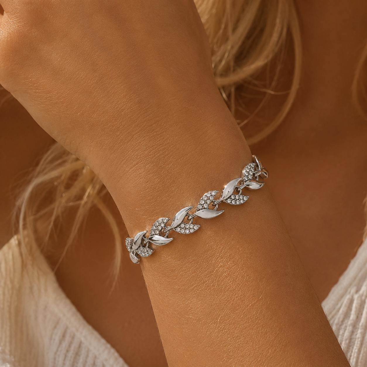 Women's Willow Leaf Diamond Cuban Chain Necklace &amp; Bracelet Set