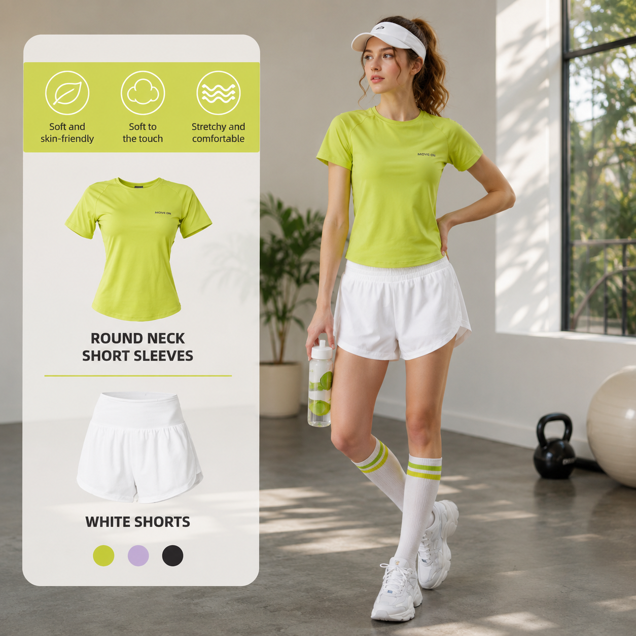 A woman in a bright lime green athletic t-shirt and white athletic shorts stands in a gym setting, holding a water bottle. An informational graphic overlay on the left shows the shirt, white shorts, and color options.