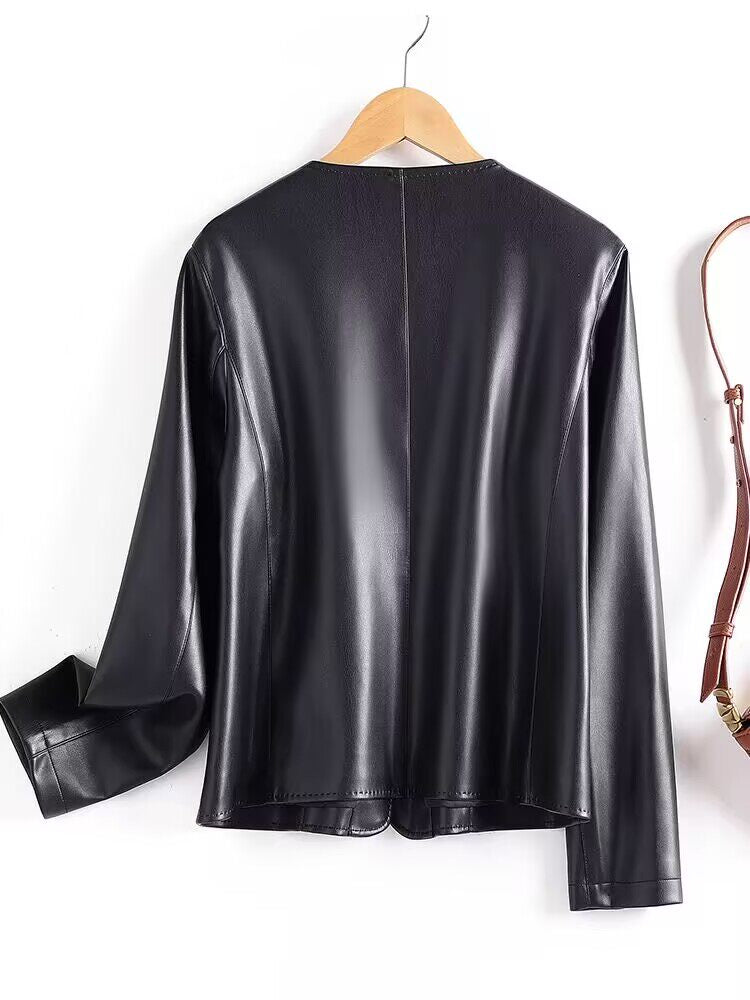 Damenjacke aus 100 % echtem Schaffleder – schmale Passform, kurzer Rundhalsmantel im koreanischen Stil