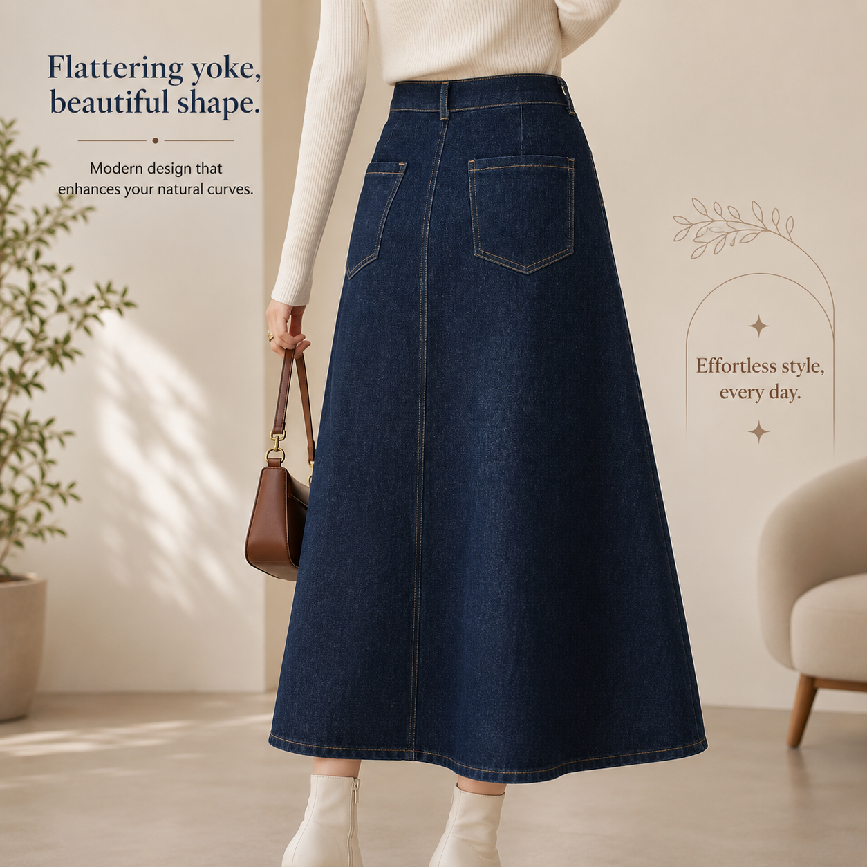 Women's Denim Blend A-Line Midi Skirt – High-Waisted Fade-Resistant