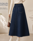 Women's Denim Blend A-Line Midi Skirt – High-Waisted Fade-Resistant