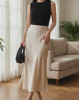 Women's Long Satin Fishtail Skirt – Elegant Bias-Cut A-Line Midi Skirt in Triacetate Blend with Smooth Draping for Office & Casual Wear