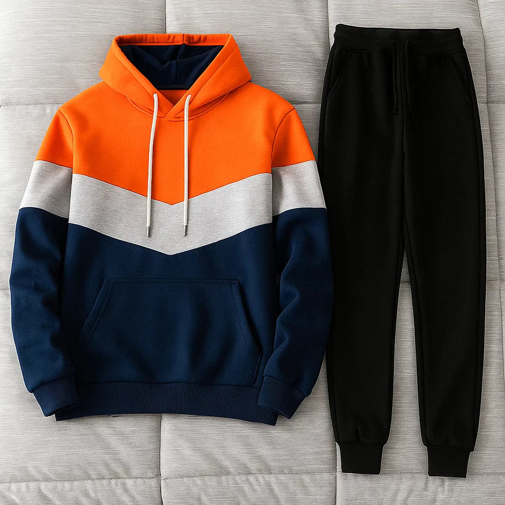 Men’s Hooded Sports Suit – Running &amp; Outdoor Tracksuit with Stitching Design