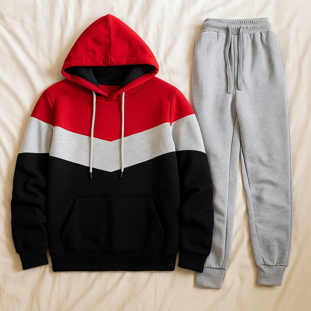 Men’s Hooded Sports Suit – Running &amp; Outdoor Tracksuit with Stitching Design