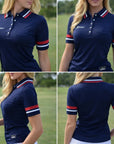 Women's Navy Stripe Performance Golf Tee – UPF 30+ 4-Way Stretch Activewear Top