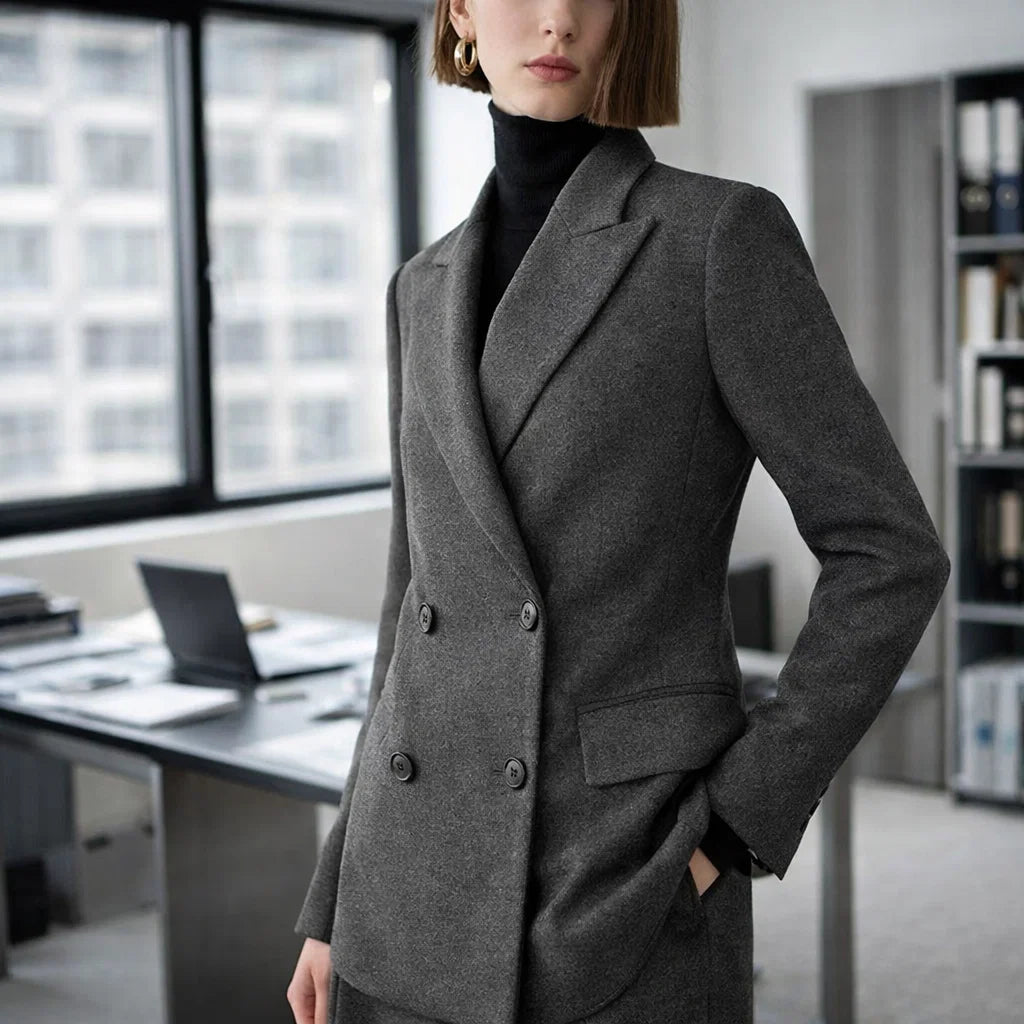 Veste de costume croisée grise pour femme – Blazer de bureau style rétro, longueur moyenne