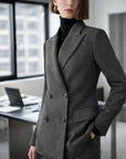 Veste de costume croisée grise pour femme – Blazer de bureau style rétro, longueur moyenne