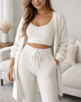 Damen Strick Plüsch 4-teiliger Hosenanzug – Weicher Baumwoll-Mix Langarm Freizeit-Loungewear-Set, S–3XL