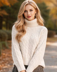 Damen Rollkragenpullover mit Zopfmuster – lockere Passform, schmutzabweisend, 50 % Viskose-Mischung