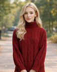Damen Rollkragenpullover mit Zopfmuster – lockere Passform, schmutzabweisend, 50 % Viskose-Mischung