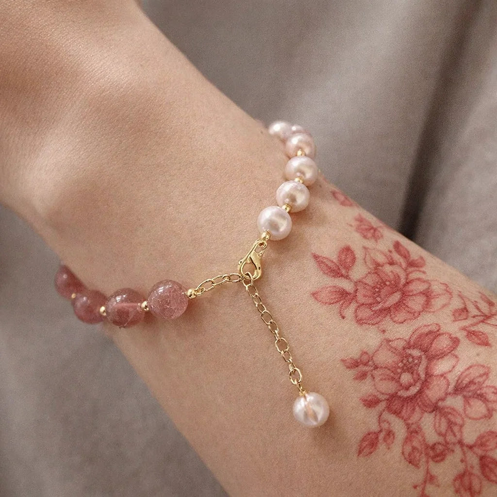 Bracelet Cœur en Perles Naturelles pour Femme – Bracelet Perles Cristal Fraise Élastique Réglable