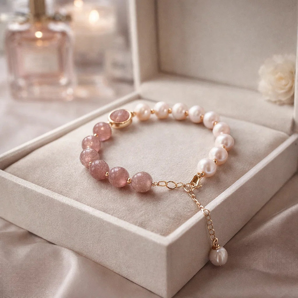 Bracelet Cœur en Perles Naturelles pour Femme – Bracelet Perles Cristal Fraise Élastique Réglable