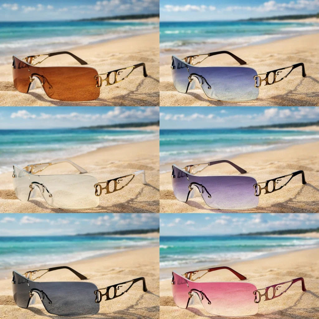 Lunettes de soleil carrées sans monture pour femmes – Protection UV rétro-punk, verres dégradés en résine, monture en métal, 21-39g