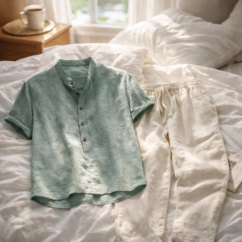 Ensemble homme chemise imprimée à manches courtes et pantalon – Coupe décontractée, col à revers, tenue d'été assortie deux pièces