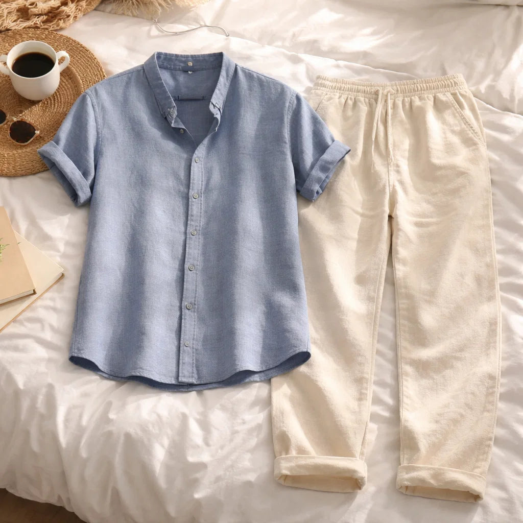 Ensemble homme chemise imprimée à manches courtes et pantalon – Coupe décontractée, col à revers, tenue d'été assortie deux pièces