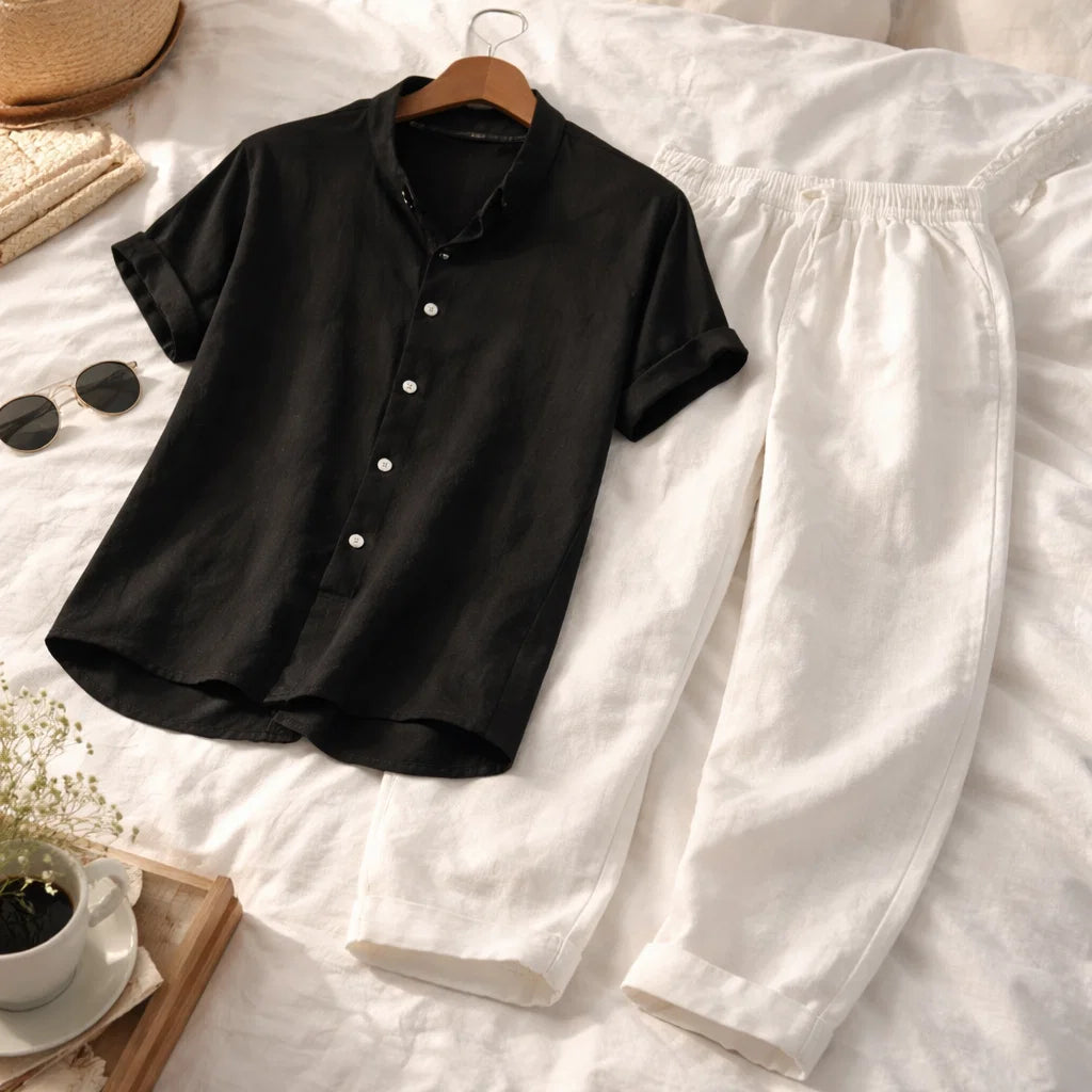 Ensemble homme chemise imprimée à manches courtes et pantalon – Coupe décontractée, col à revers, tenue d'été assortie deux pièces