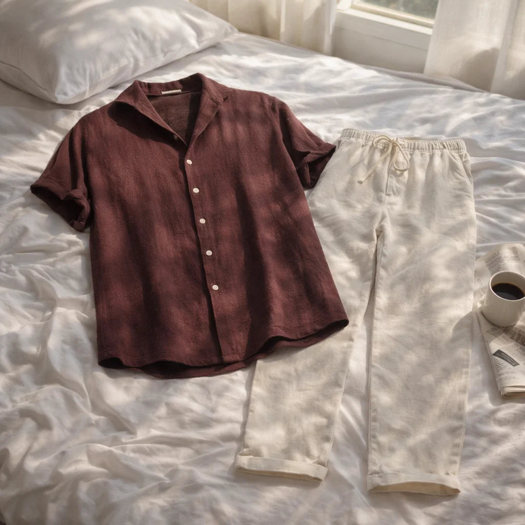 Ensemble homme chemise imprimée à manches courtes et pantalon – Coupe décontractée, col à revers, tenue d'été assortie deux pièces