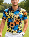 Polo de golf imprimé à manches courtes pour homme – Haut de golf floral en coton élasthanne respirant et performant