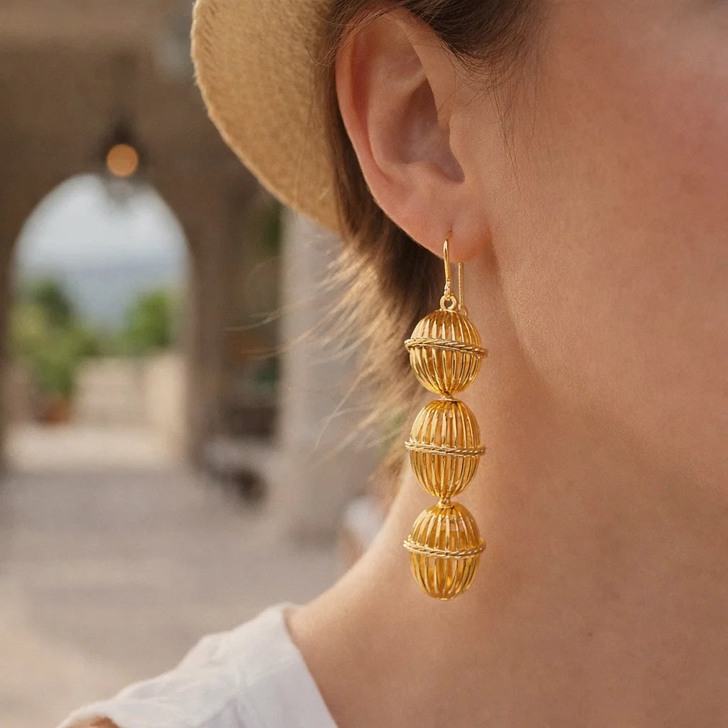 Women Golden Lantern Metal Earrings – Southern French Inspired 3D Designer Jewelry