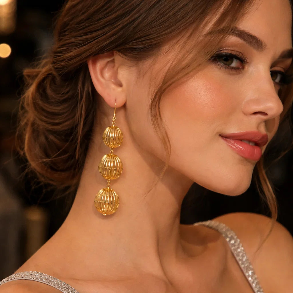 Women Golden Lantern Metal Earrings – Southern French Inspired 3D Designer Jewelry