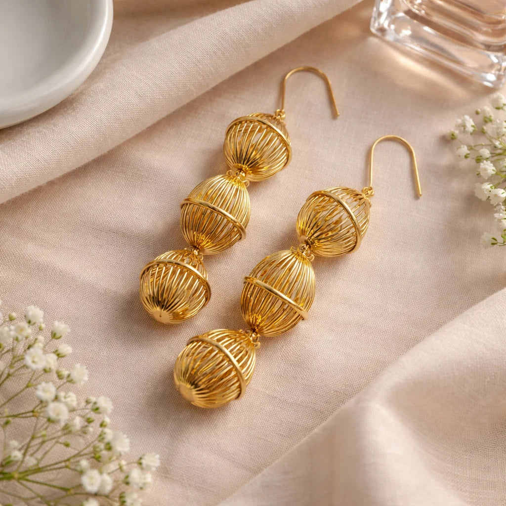 Women Golden Lantern Metal Earrings – Southern French Inspired 3D Designer Jewelry