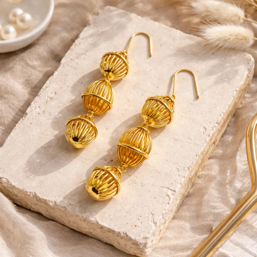 Women Golden Lantern Metal Earrings – Southern French Inspired 3D Designer Jewelry