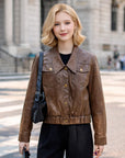 Kurze Damenjacke aus Ziegenleder – Echtes Leder, Revers, Einreiher, verkürzte Urban-Jacke, M–2XL, 3 Farben
