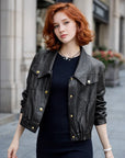 Kurze Damenjacke aus Ziegenleder – Echtes Leder, Revers, Einreiher, verkürzte Urban-Jacke, M–2XL, 3 Farben