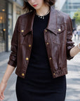Kurze Damenjacke aus Ziegenleder – Echtes Leder, Revers, Einreiher, verkürzte Urban-Jacke, M–2XL, 3 Farben
